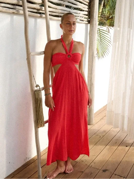 Giovanna Dress Cherry Halter Cutout Maxi Dress • Pima Cotton Dress • Size Small - Picture 4 of 14